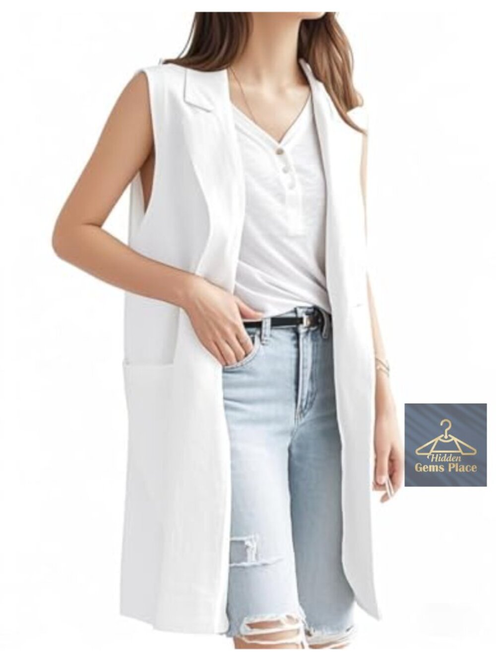 Sleeveless Linen Blend Long Vest Casual Spring Summer